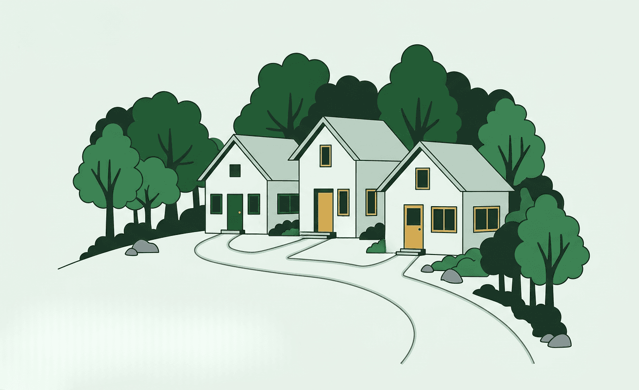 Illustration of neighborhood homes surrounded by trees